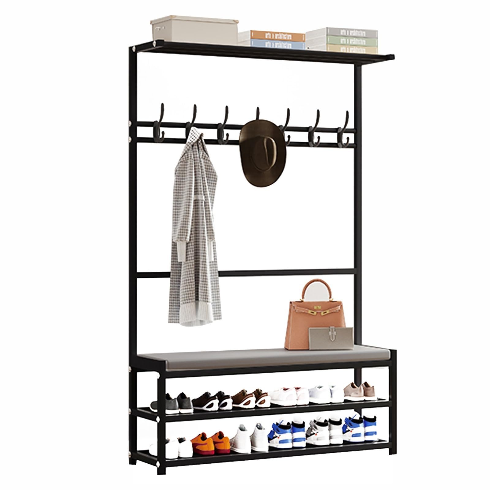 Porte-manteau avec banc d'entrée noir pour optimiser les petits couloirs et halls d'accueil