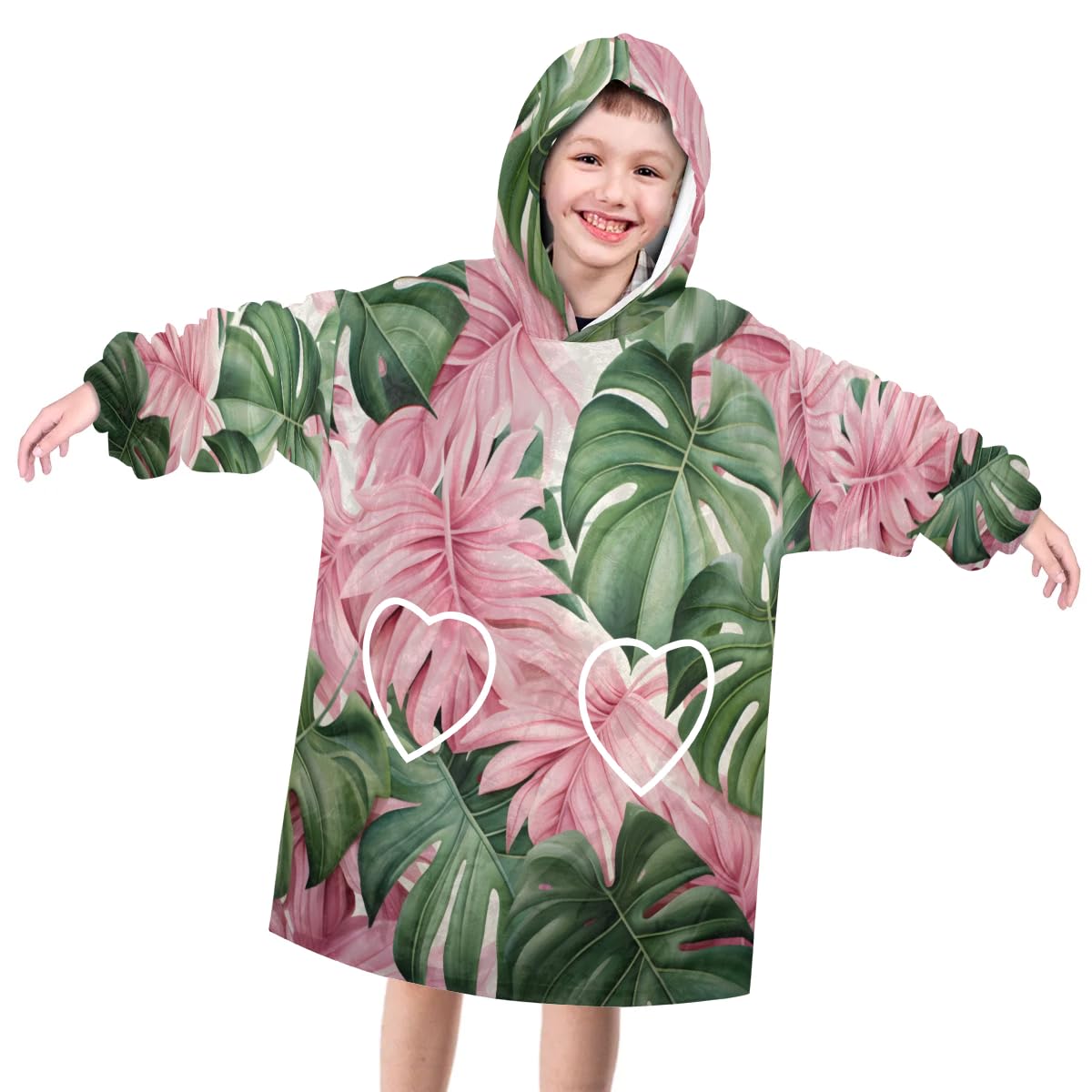 Pardick Wearable Blanket Hoodie for Kids, Tropicall Palm Leaves Fleece Sweatshirt Blanket Oversized Blanket Sweatshirt with Pocket Flannel Warm Hooded Blanket 6-10 Year Old Girl Boy Gift, One Size