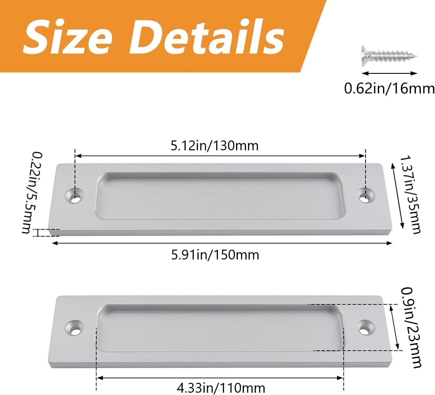 MOROBOR Rectangular Recessed Sliding Door Pulls, 2pcs Silver Flush Pull Aluminum Alloy Closet Door Finger Pulls with Mounting Screws for Sliding Barn Door(150mm)