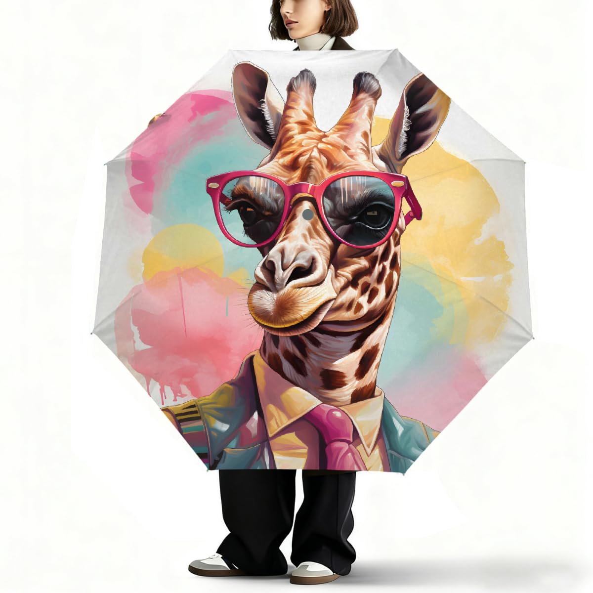 Cool Animal Giraffe Ombrello Pieghevole Ombrello da Viaggio Compatto Antivento Impermeabile con Protezione UV Rivestimento Nero Leggero 8 Costine Portatile per Pioggia Sole