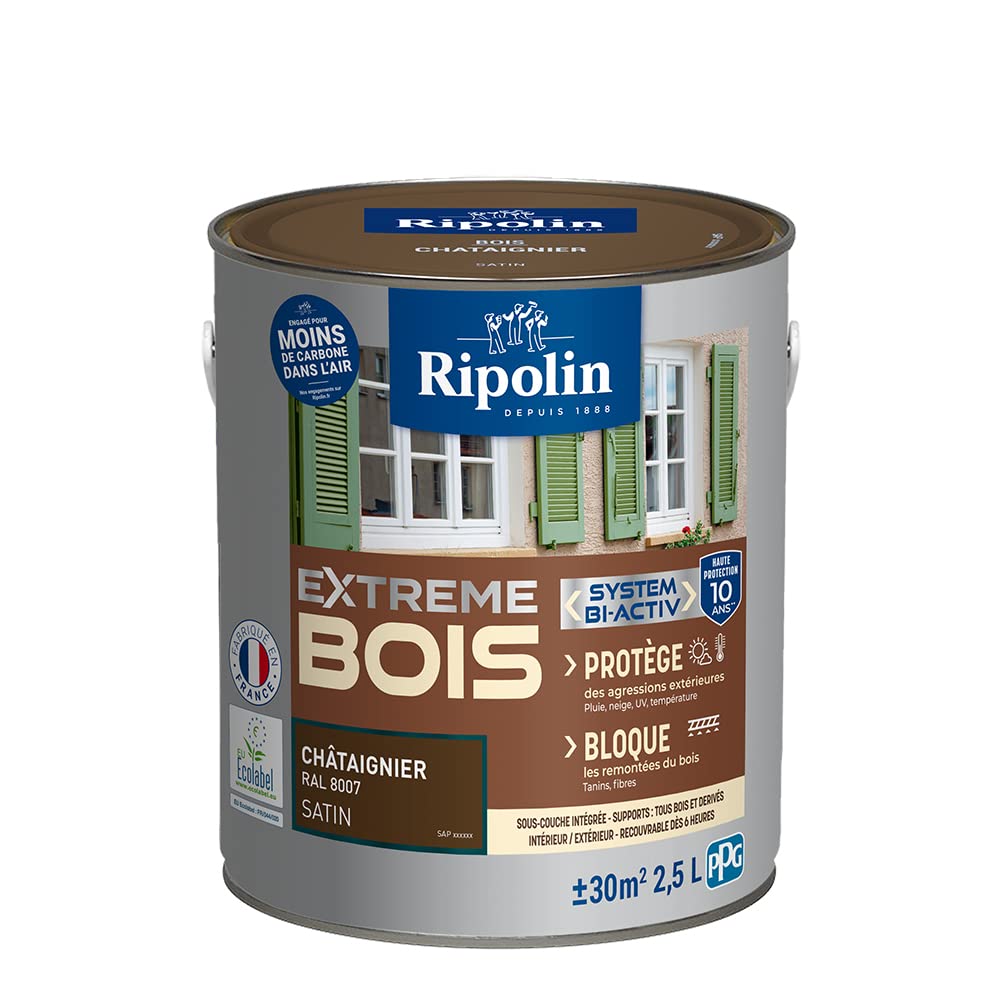 RIPOLIN - Peinture pour Bois Intérieur/​Extérieur - Sans Sous-​couche Ultra-​couvrant - Résiste aux Intempéries, UV et Chocs - Protège et Magnifie - Lessivable - Satin - 2,​5L - Chataignier