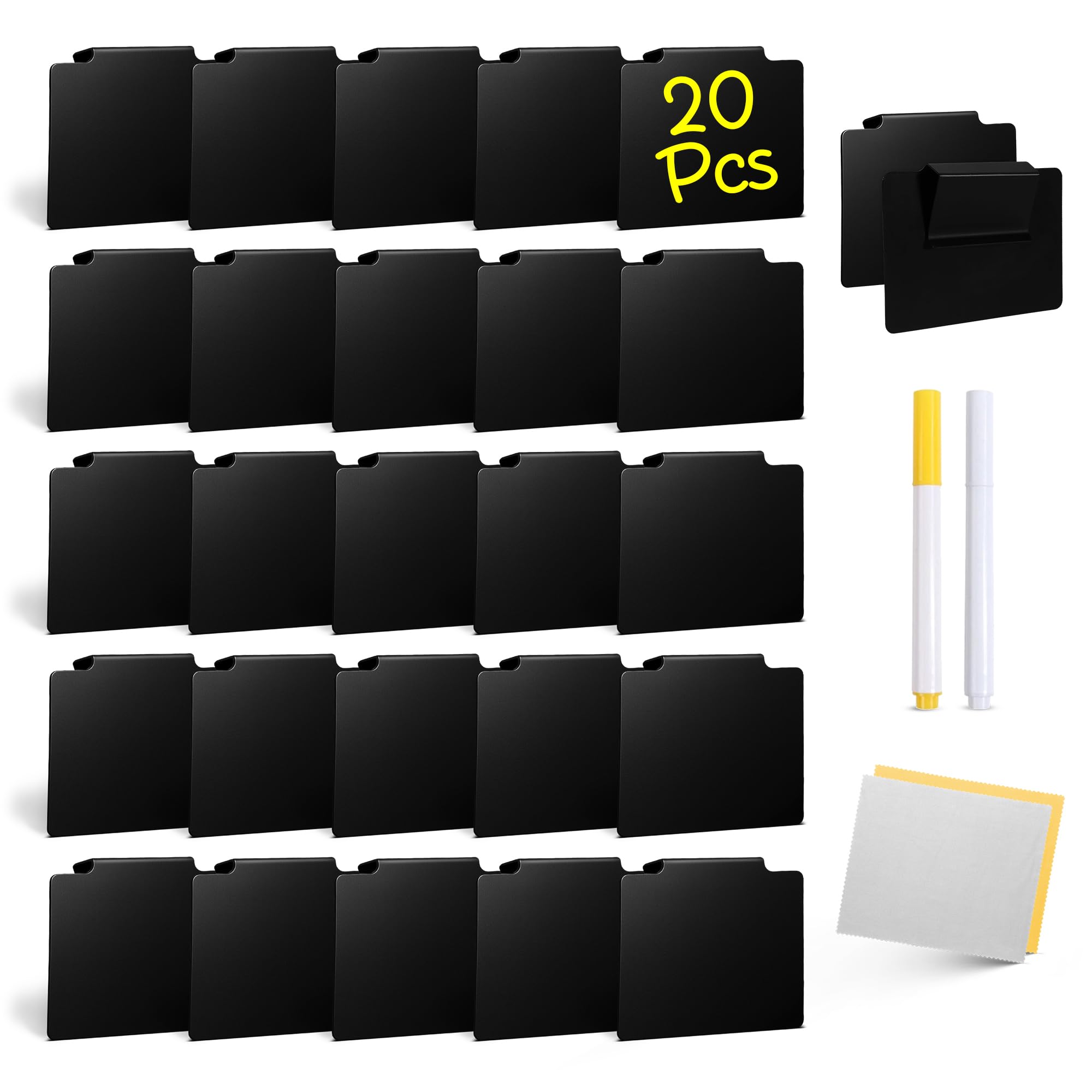 20 Pcs Basket Labels Clip on for Pantry Organization and Storage bin Labels with 2 Markers and 2 Wipe Cloths Reusable Chalk Basket Labels - Black Bin