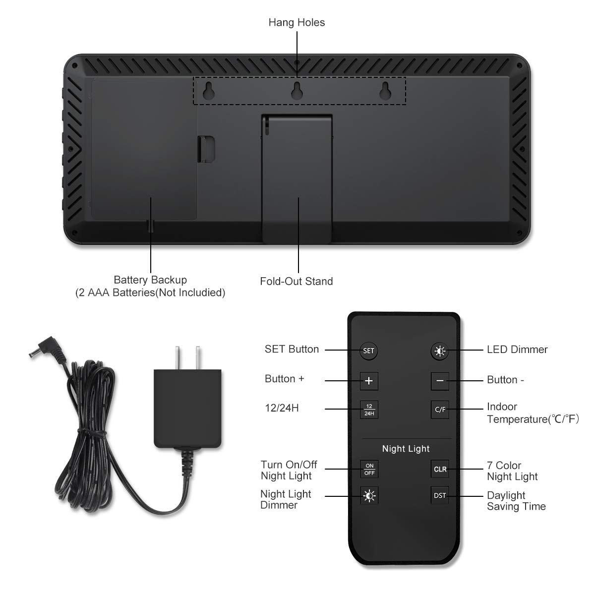 YORTOT 16” Large Digital Wall Clock with Remote Control, 5 Level