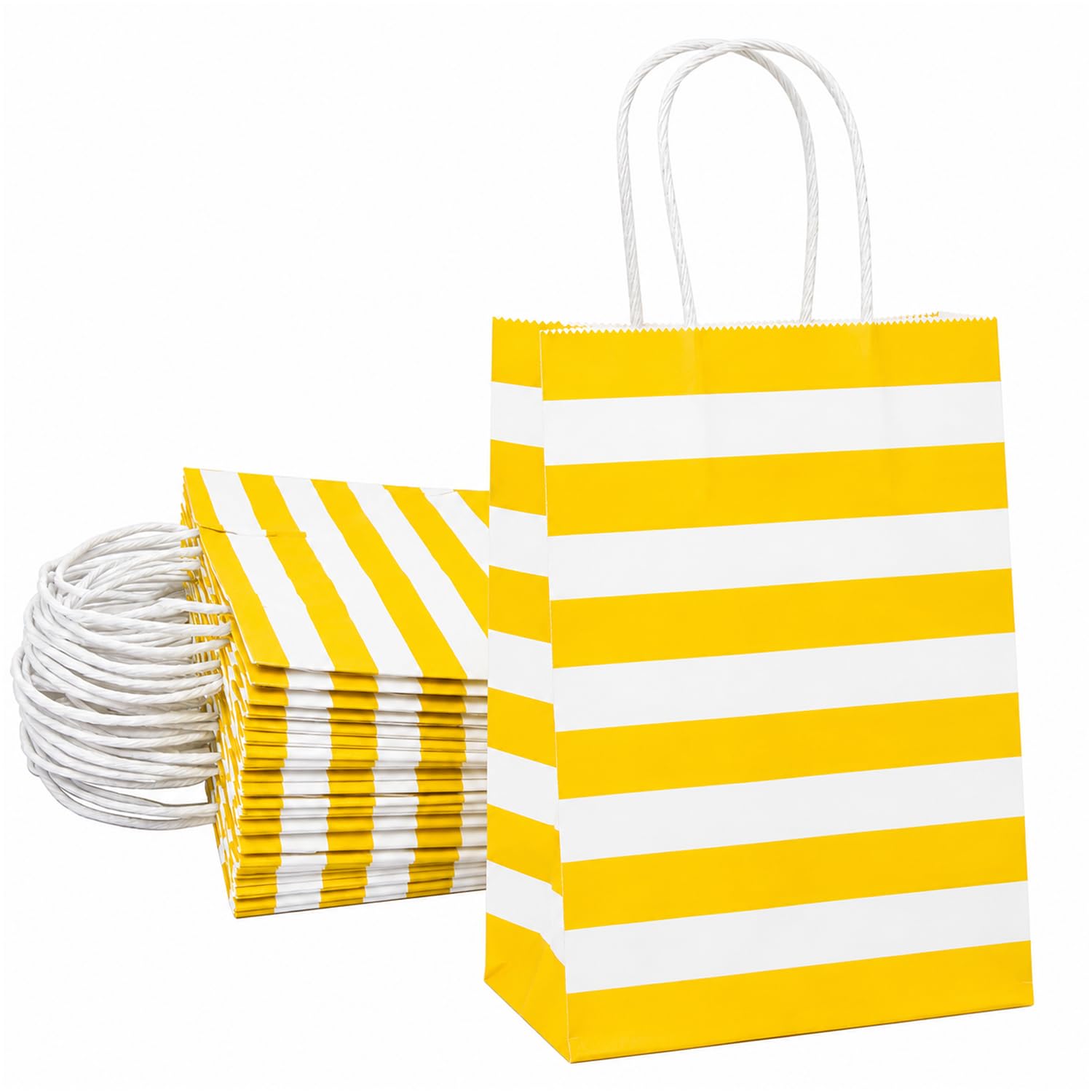 Aakriti Paper Gift Bags with Handles for Return Gifts, Party Favors & Shopping | Yellow & White Striped Design | 50 pcs | 10 x 4 x 12 Inch Medium | Retail Packaging Bags