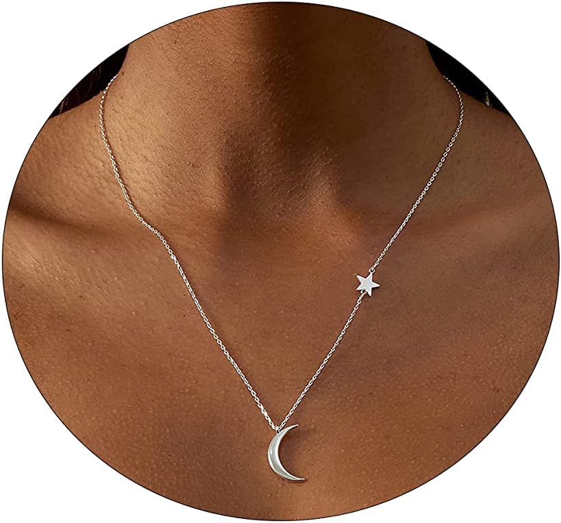 14k Gold/Silver Plated Crescent Moon Necklace Tiny Moon and Star NecklaceDainty Sun Leaf Necklace Gold Pendant Necklace for Women Delicate Minimalist Jewelry
