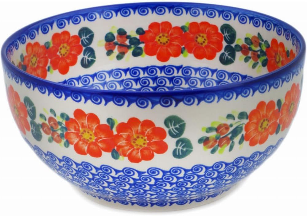 Polmedia Polish Pottery Mixing bowl, serving bowl 9-inch - Red Blossom Pattern Handmade in Boleslawiec Poland by Ceramika Bona + Certificate of Authenticity