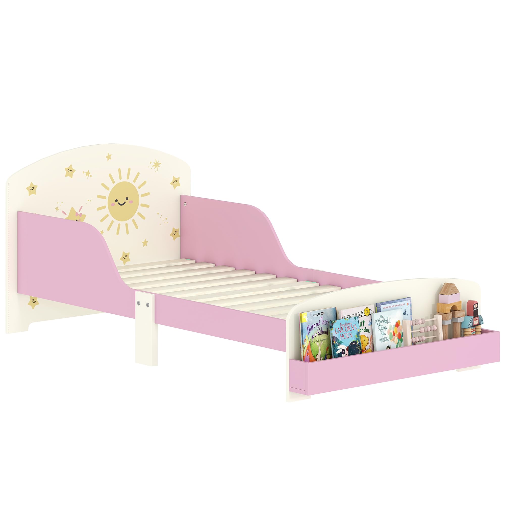 AIYAPLAY Cama Infantil 70x140 cm de Madera con Almacenaje Cama para Niños de +​3 Años con Protección Anticaída Cabecero en Dibujos de Estrellas Carga 40 kg para Dormitorio Rosa