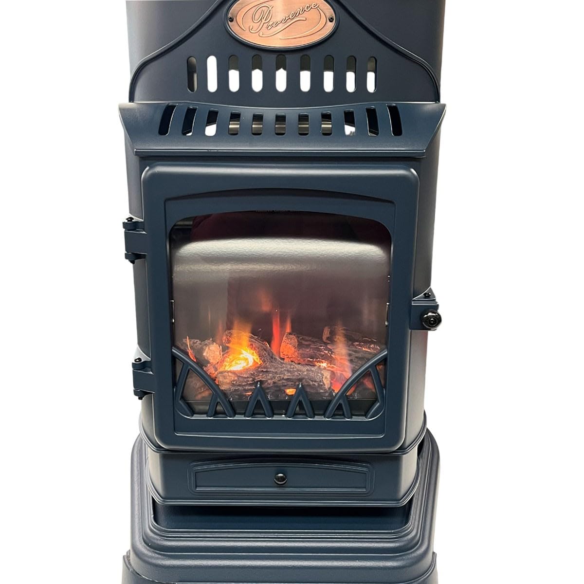 Sahara - Stufa a gas 3,4KW in ghisa vera – Riscaldamento supplementare Design Tradizionale Blu Zaffiro Opaco - Effetto fuoco di legna, mobile su ruote Provence