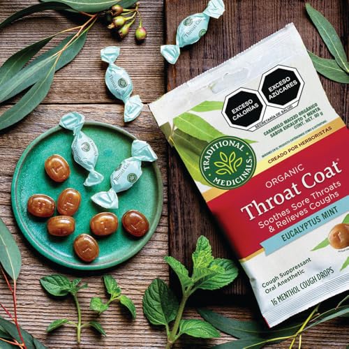 Image of Traditional Medicinals Organic, Throat Coat Lozenges, Eucalyptus Mint with Menthol - Herbal Cough Drops, Helps Soothe Sore Throat & Relieve Cough - Non-GMO, Stimulant-Free - 16 Count (Pack of 12)