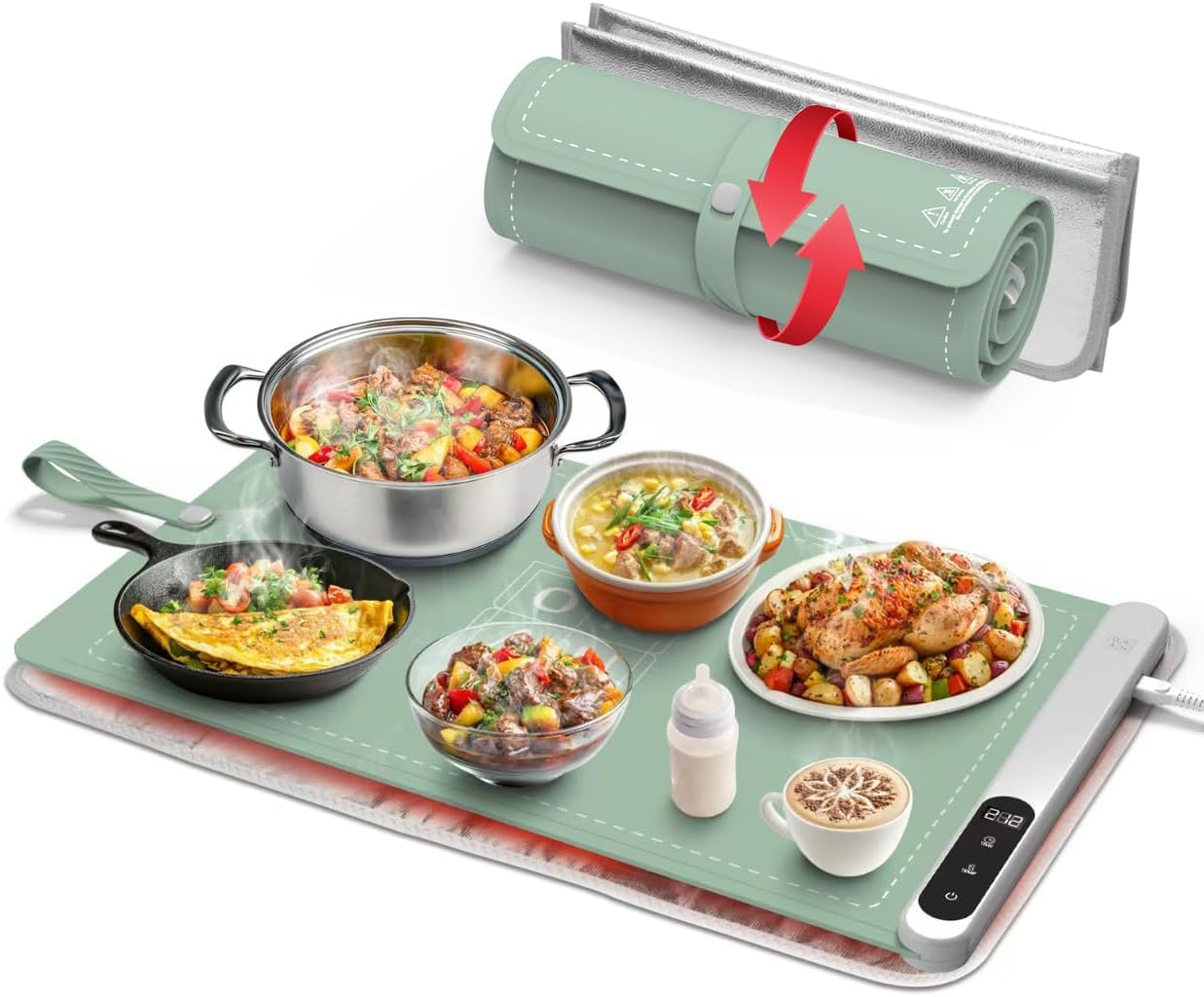 OKAN Electric Silicone Food Warmer Mat with Heat-Resistant Table Protector – 6 Temp Settings, Auto Shut-Off Timer, Waterproof & Foldable Heating Pad for Buffet, Home, Office (Green, 23.6 inch)