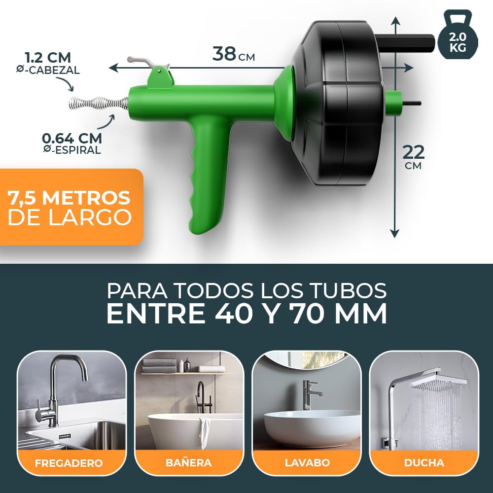 Meisterfaktur Desatascador Tuberias [7,5 m] - Función Automática - Espiral para Desatascar Tuberias Automática - ¡Espiral Limpiador de Desagües y de Tuberías para Aficionados al Bricolaje!