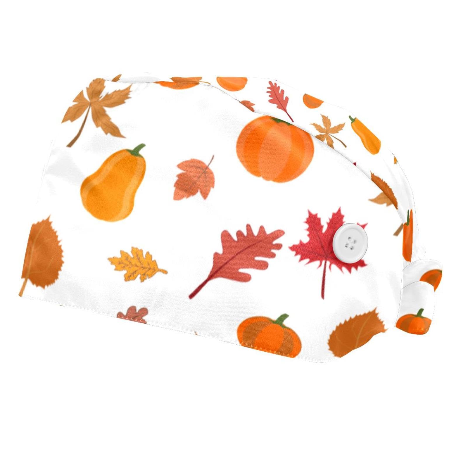 Thanksgiving Pumpkin 2 Packs Unisex Scrub Caps Surgical Women with Button Adjustable Hats Surgical Caps for Women