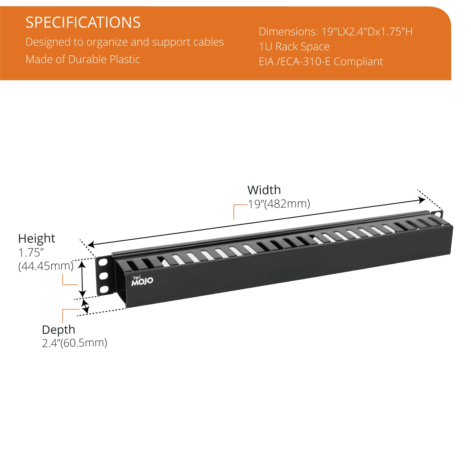 Tecmojo 2 Pack 1U Server Rack Cable Management, Plastic Horizontal Rack Mount Cable Management with Cover, for 19in AV/IT/Data/Audio Rack, 24 Slots Wire Duct Organizer
