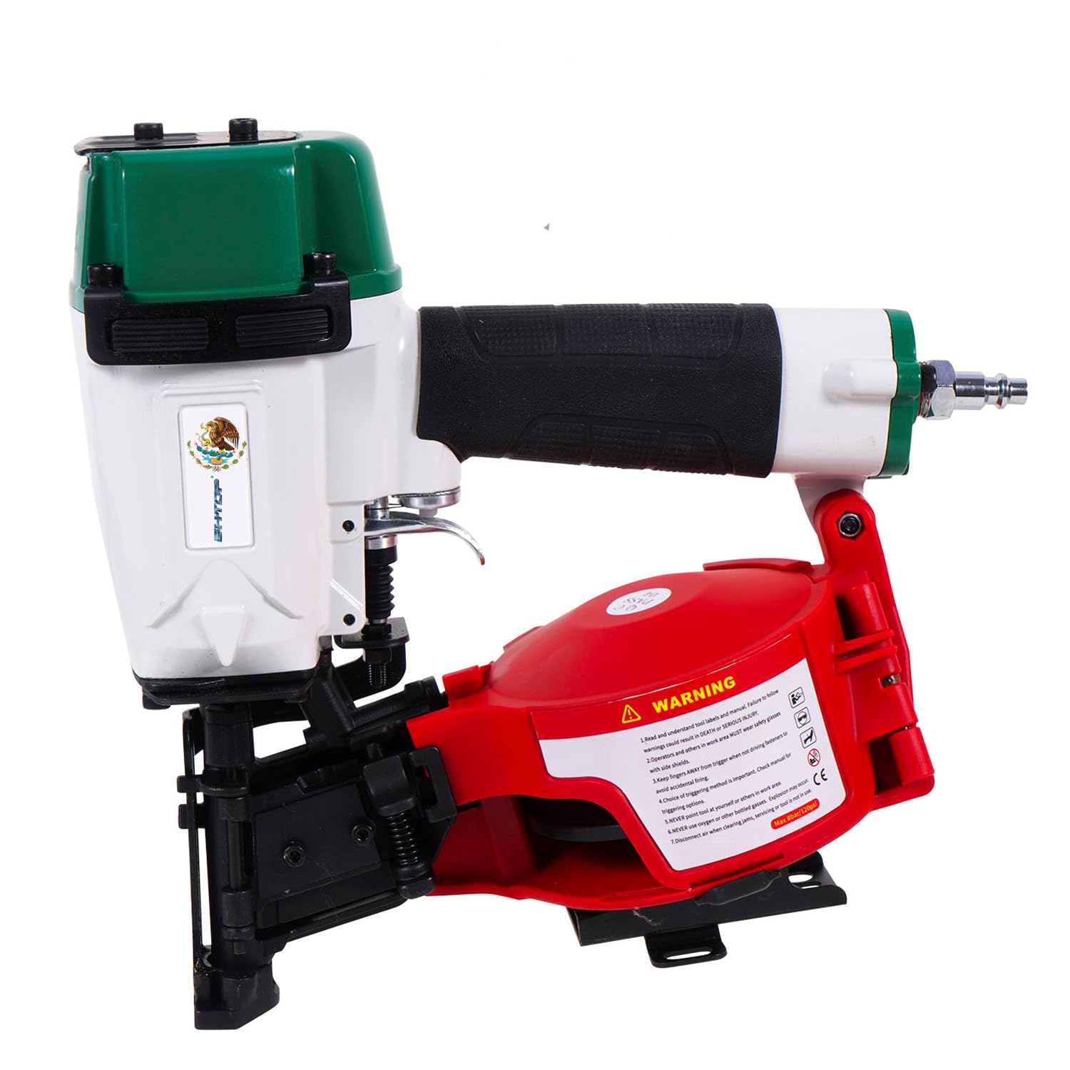 Photo 1 of BHTOP Mexican CN45N Roofing Nailer, 15 Degree Roofing Nail Gun, 3/4-Inch to 1-3/4-Inch Coil Nails, 120-pcs Load Capacity Coil Naile (Green/Red?