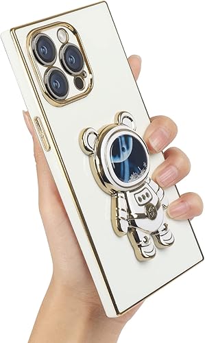 Omio - Funda cuadrada compatible con iPhone 15 Pro Max con soporte oculto de astronauta, funda de lujo chapada en corazón para mujeres y niñas,