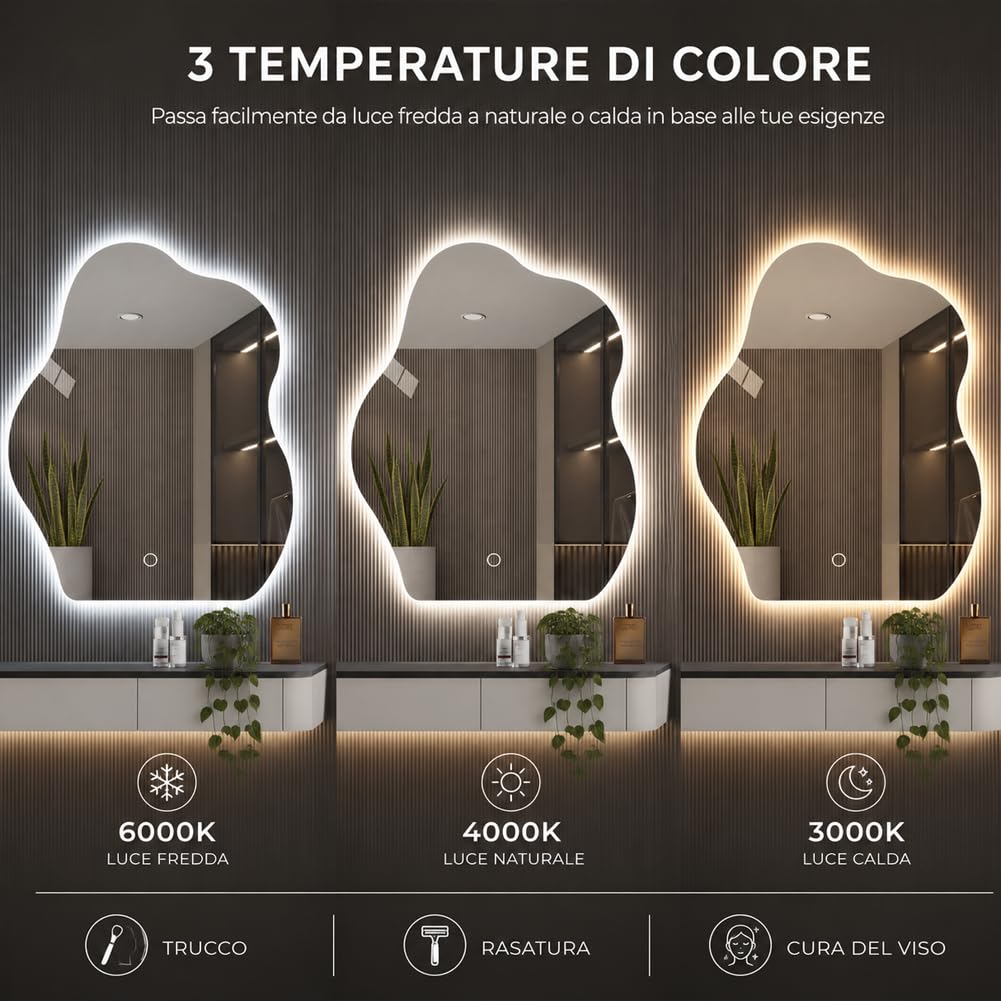 Shally Dogan Specchio Ondulato da Parete con Led Dimmerabile a 3 Colori, Bianco Freddo, Caldo e Naturale, Accensione con Touch, Decorazione da Muro Design Moderno e Salvaspazio, 50 x 70 cm