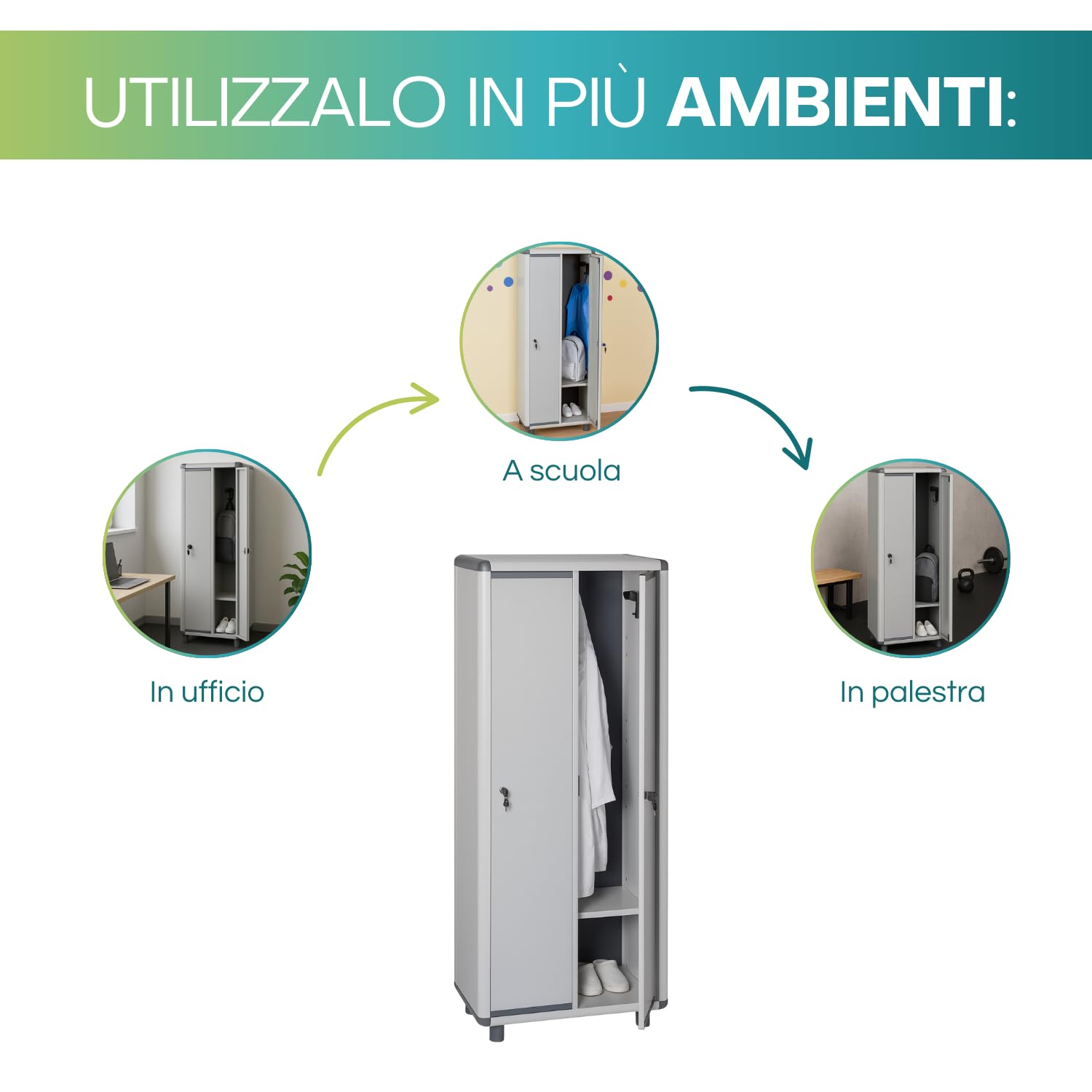 VIRSUS Mobile Spogliatoio a 2 ANTE in PVC di colore Grigio, Misura 72x39x175 cm, Armadietto con serratura a chiave, ganci appendiabiti, piedini antiscivolo, Made in Italy -1912