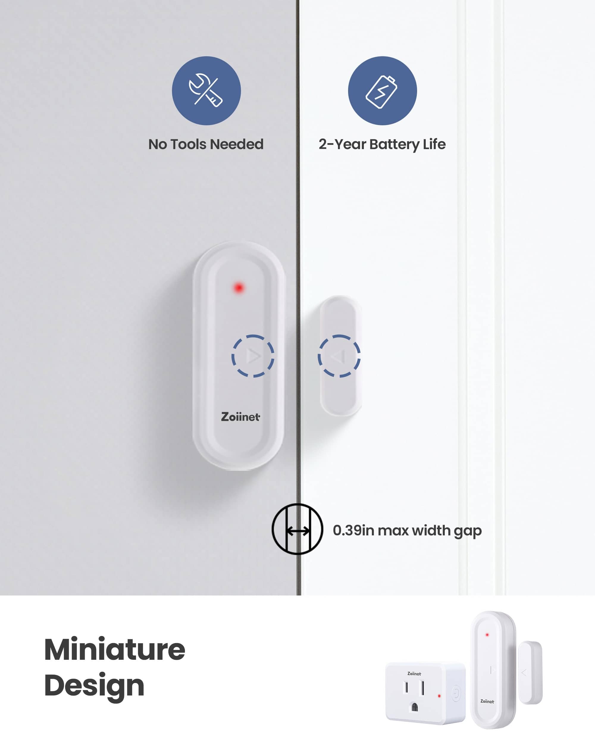 Zoiinet Kabelloses Türsensor-Steckdosensor-Set, Mini-Kontakt-Fenstersensor, unbegrenzte Gruppensteuergeräte, keine Verkabelung, kein WLAN, 15 Fuß, 15 A/1500 W, programmierbar, für