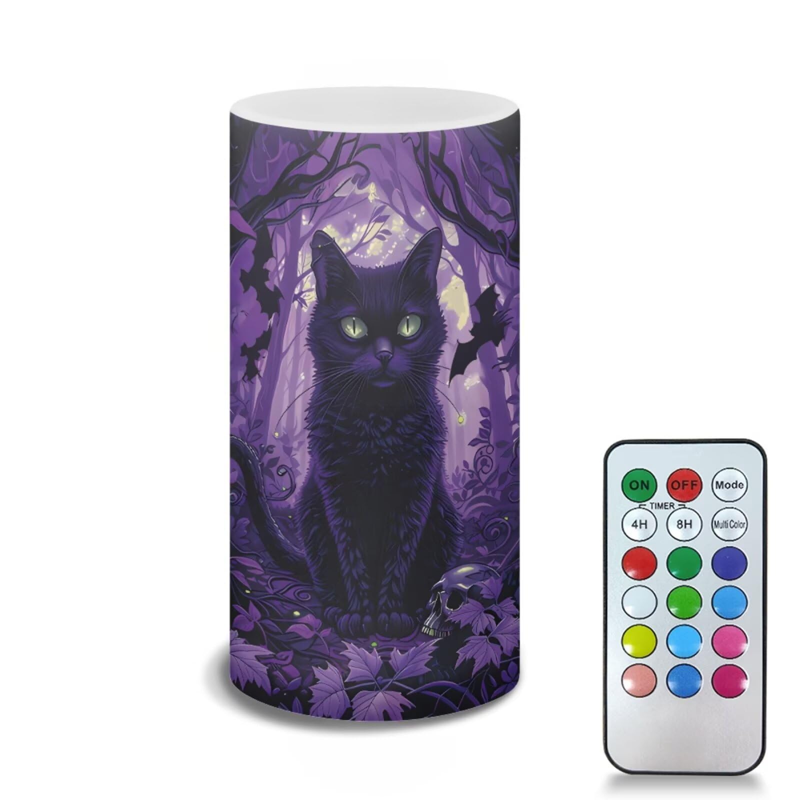 Poceacles Black Cat Bat Violet Forest Flameless Light Candles Battery Operated Candles with Color Changing Timer Remote Control Tealights for Home Halloween Party Decor