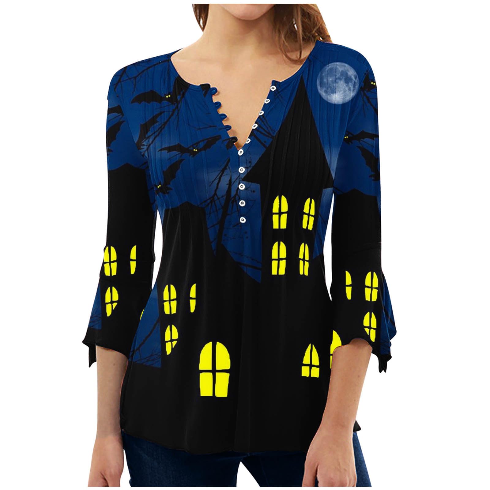 ZCVBOCZTunics Or Tops To Wear With Leggings 3/4 Flared Sleeve Tops Fall V Neck Button Graphic Tees Halloween Shirts