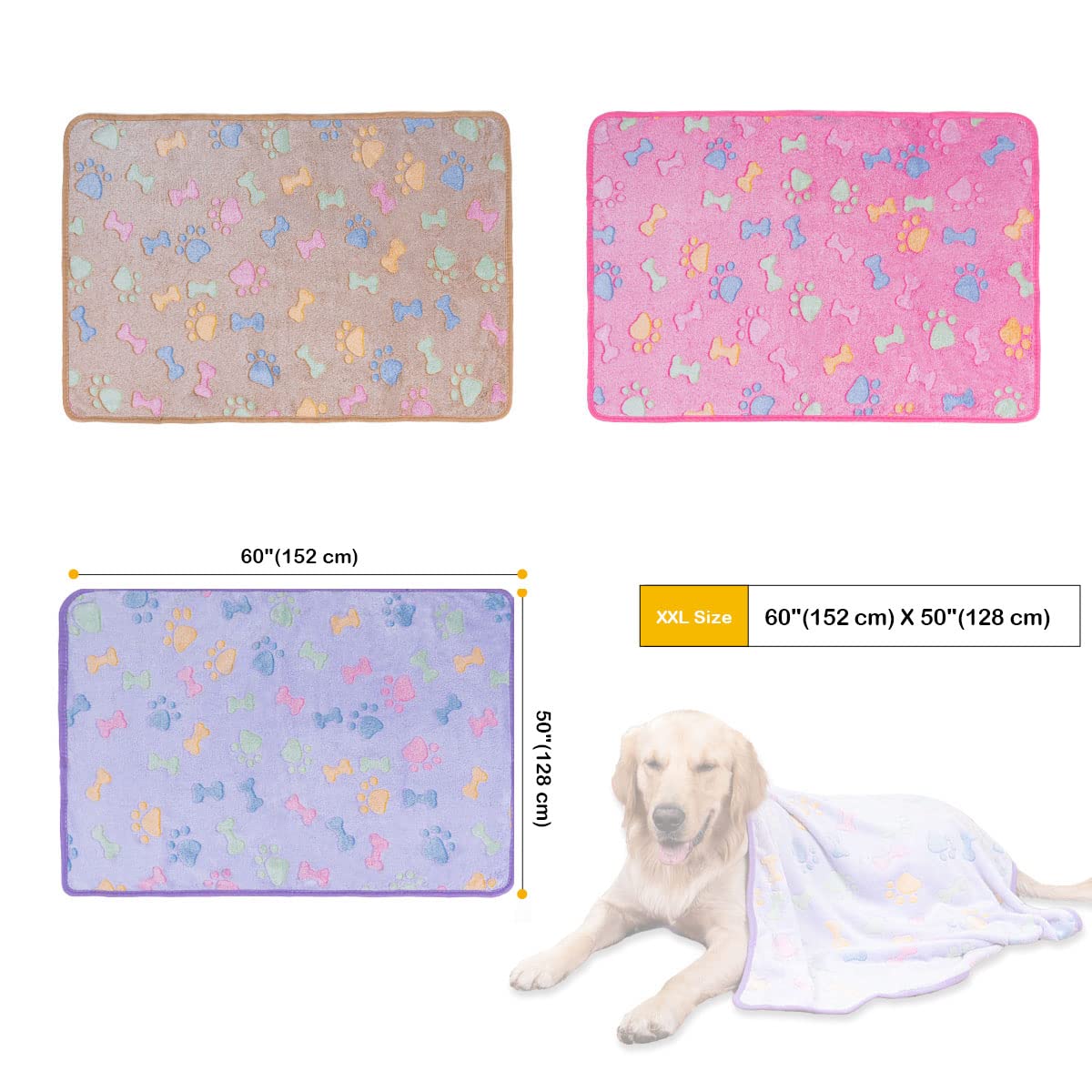 Dono 1 lot de 3 couvertures pour chiens de grande taille, 152,4 x 127 cm, couverture polaire super douce et moelleuse avec imprimé os de pattes, couverture pour grands chiens, couverture douce pour