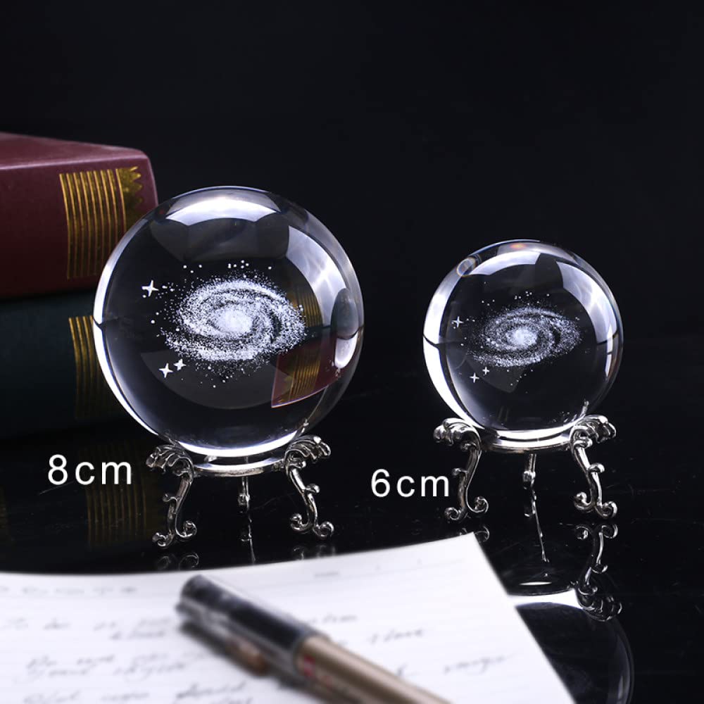 6/8cm średnica kula Galaxy miniatury kryształowa kula 3D grawerowane szkło kwarcowe kula kula akcesoria do dekoracji domu prezenty, ze złotą podstawą, 8 cm