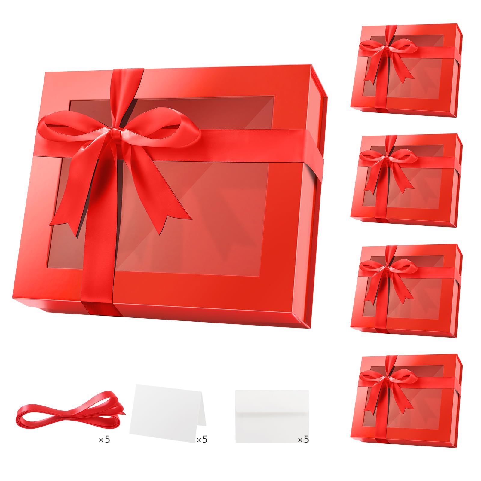 PACKQUEEN 5 Extra Large Red Gift Boxes with Windows, 16.3x14.2x5 Inches Clear Gift Boxes for Presents Contain Ribbons, Cards, Bridesmaid Proposal Boxes with Magnetic Lids (Glossy Red) — image 1
