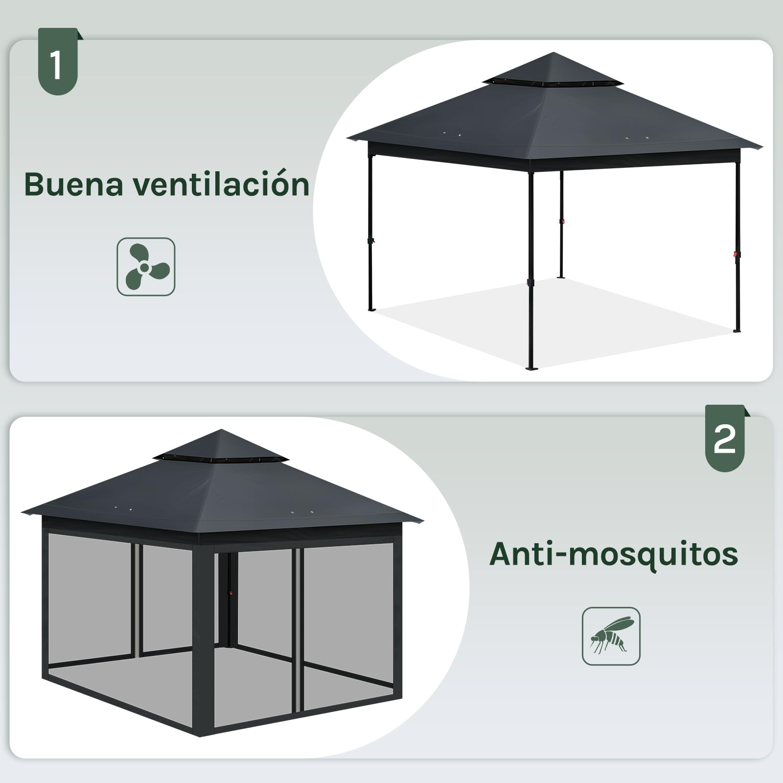 WOLTU Carpa Plegable 3x3m con mosquitera Antracita | UPF 50+ UV, impermeable, altura ajustable, estable, 4 paredes mosquitera, Camping