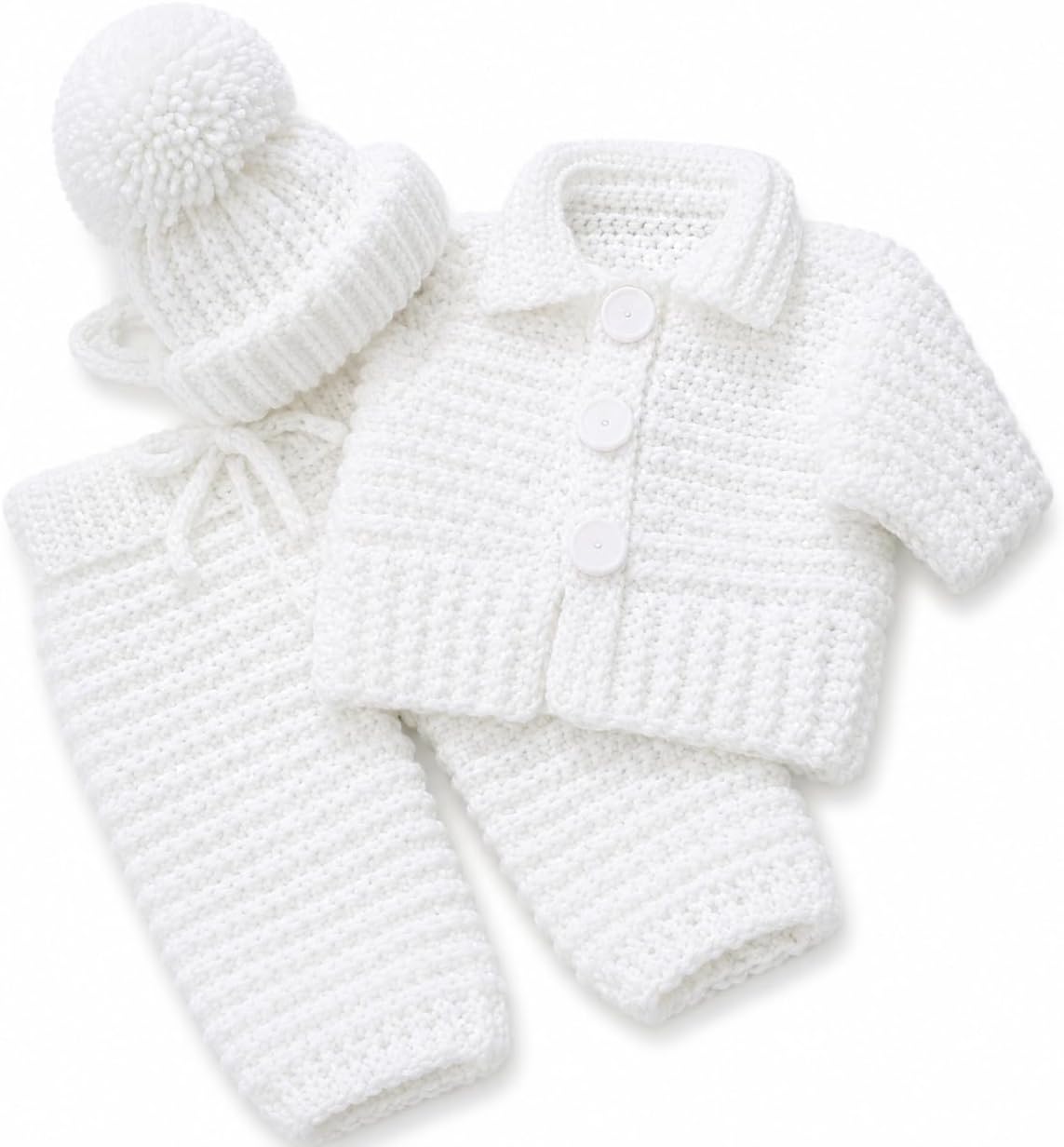 Unisex Baby Knitted Sweater and Pants Clothing Set White | Includes Pom-Pom Hat, 3-Piece Set, Button-Front Jacket, Drawstring Pants, Newborn Outfit