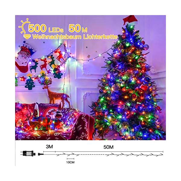 Ollny lichterkette außen 50m - 500 LED lichterkette weihnachtsbaum mit Fernbedienung Timer, IP44 Lichterkette mit Memory… – Bild 10