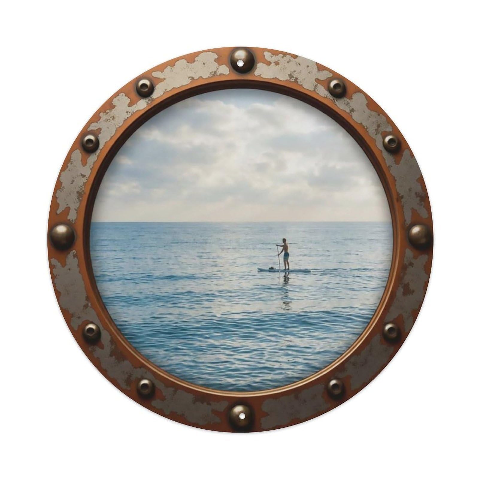 Vintage Porthole Paddleboard Rider Nautical Window View Metal Tin Sign