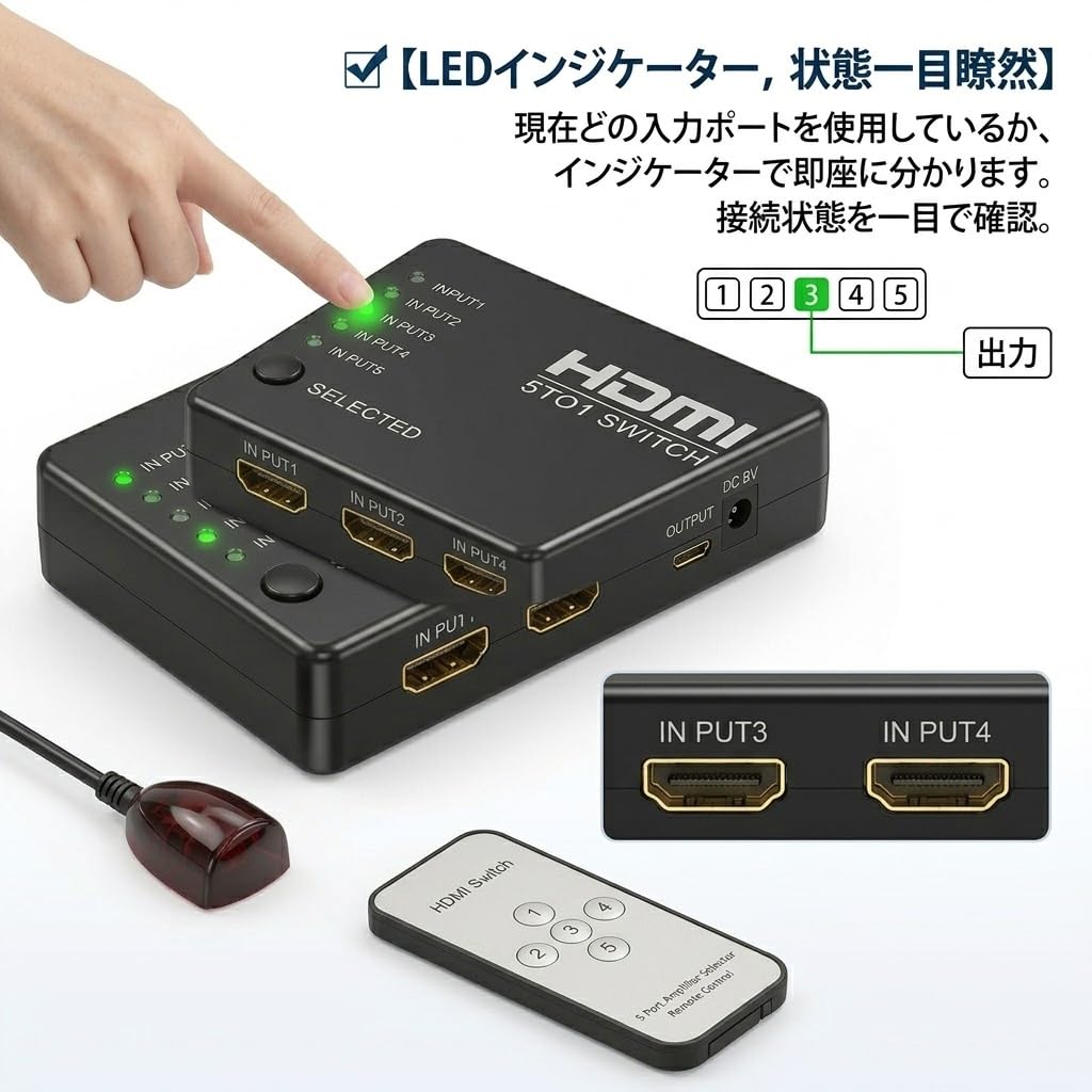 Amazon | [5つのポートを搭載] HDMIセレクター：5つの入力、1つの出力