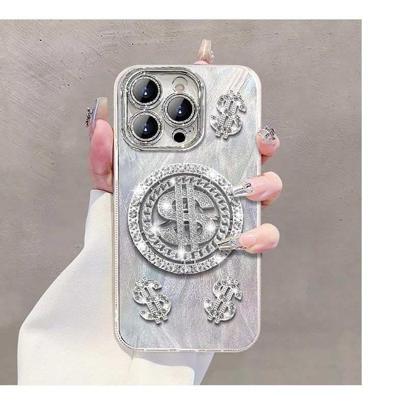 Image of COVERLY Cute 3D Dollar Rotation Spinner Case,Full Protective Case Kawaii Adorable Lens Glitter Diamond Silver Dream Casino Money Case Soft Silicone Fashion Aesthetic Cover for Apple iPhone 15