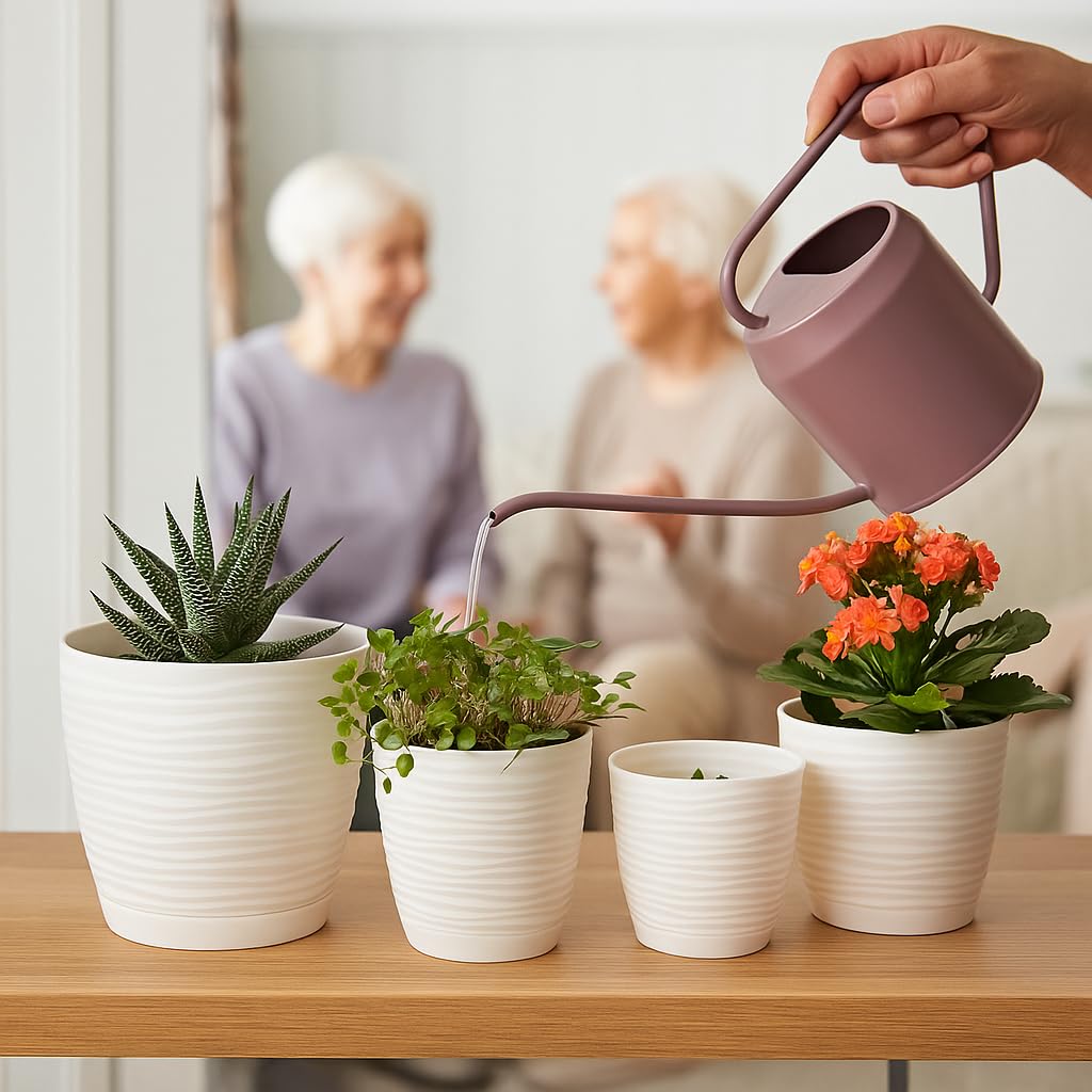 Home Garden Ornaments Plant Pots Indoor, Set of 2 Plastic Flower Pots with Saucer and Drainage Holes - Image 2