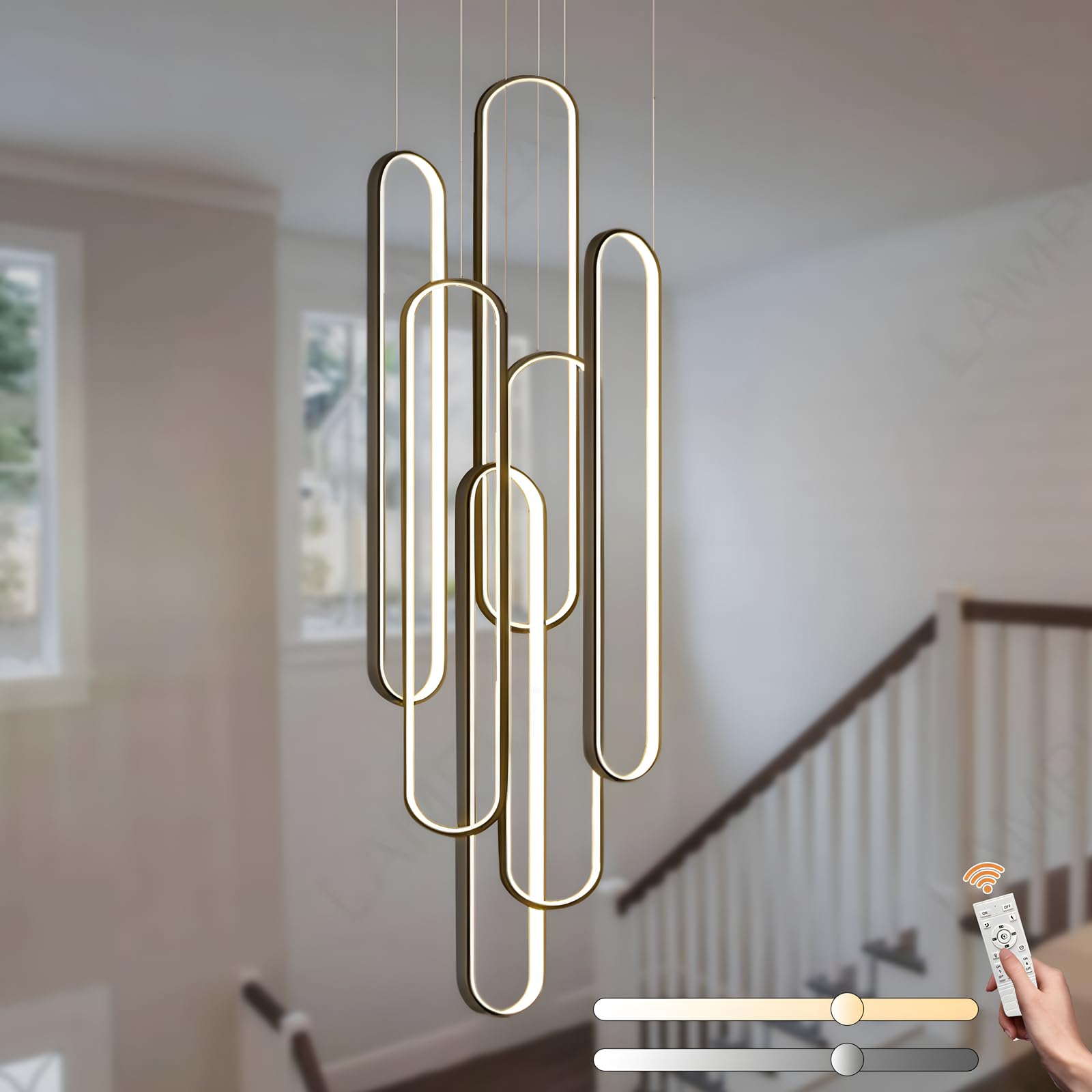 SYAXVOM Modern Black Chandelier - Height Adjustable 6 Ring Fixture for Foyer Hallway and Large Living Room Dimmable 3000K-6000K with Remote Control