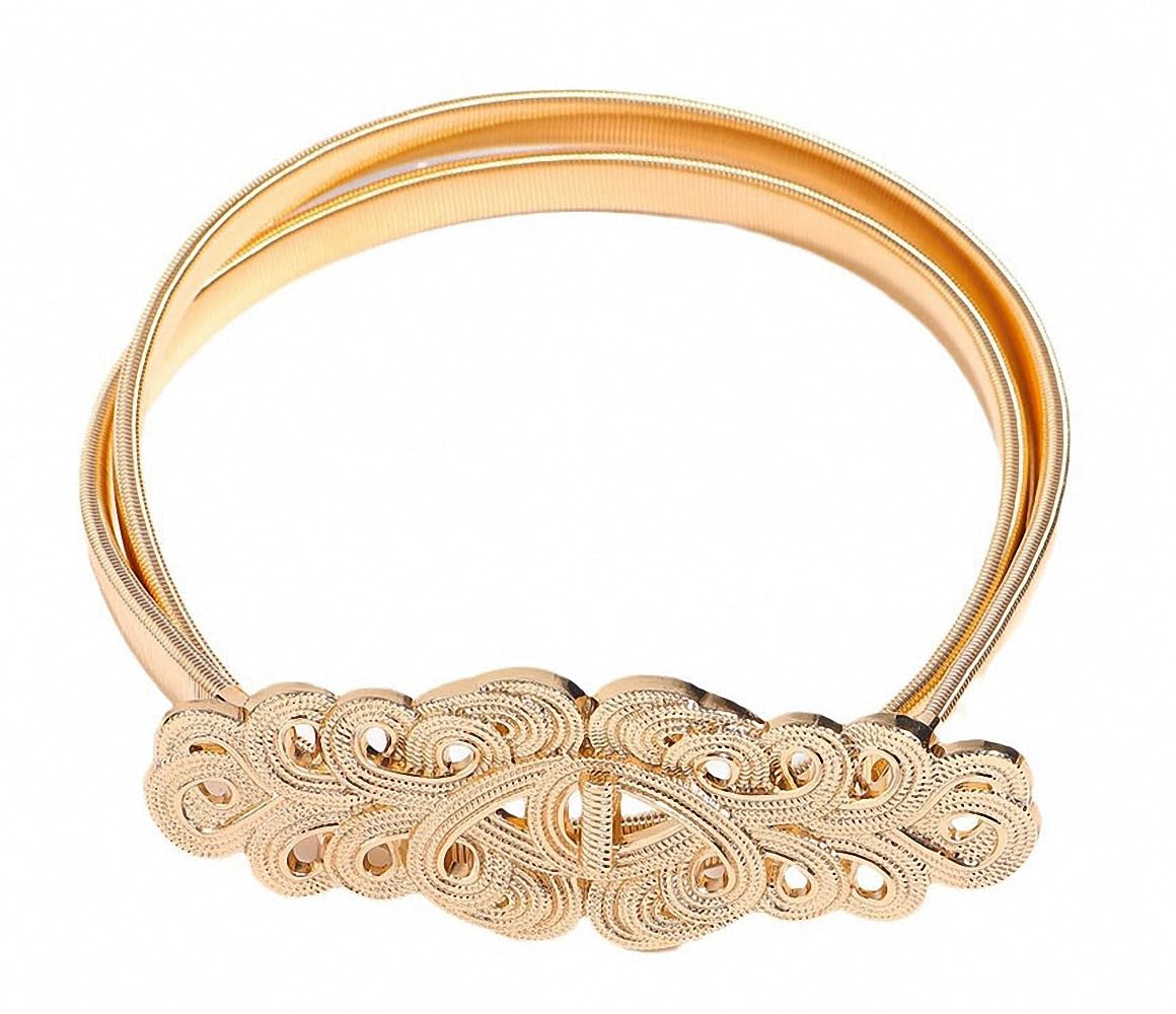 Ulalaza Women Skinny Leather Belt for Adjustable Elastic Thin Cinch Waist Alloy Buckle for Ladies Wedding Dress Decoration Golden