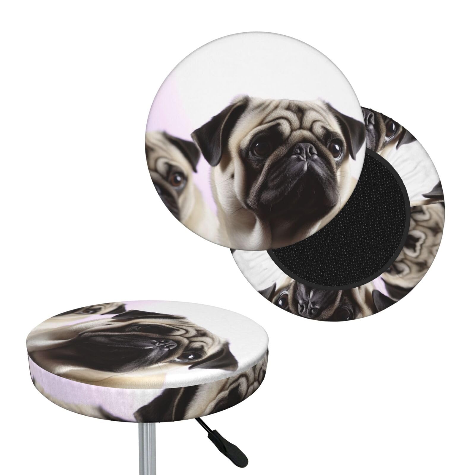 FodPand Pug Dog Bar Stool Cover Round Elastic Stool Cushion Covers Washable Bar Stool Chair Slipcover Stretch Stool Seat Covers for 12-14 Inch Chair