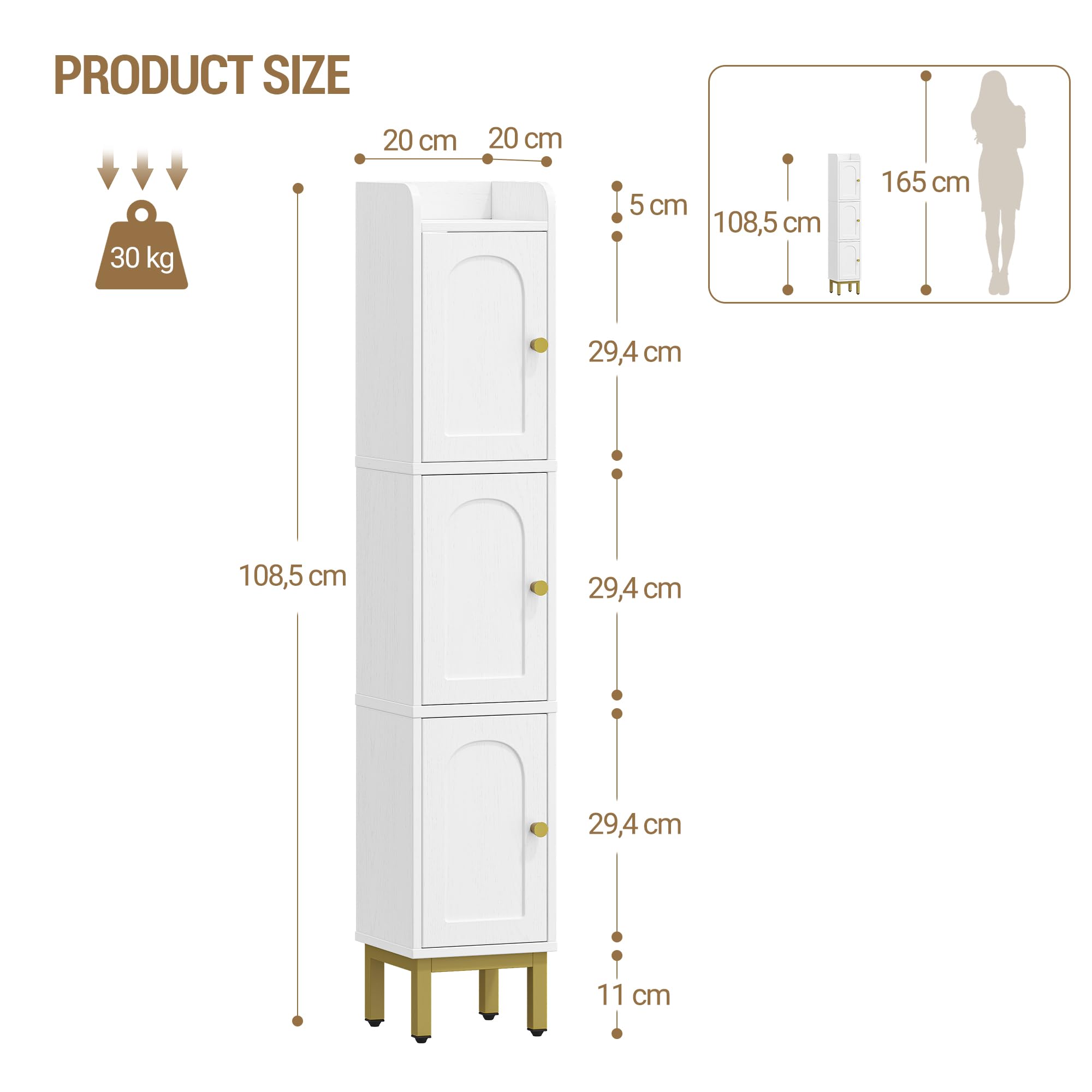 Hzuaneri Mueble de Baño, Armario de Almacenamiento Estrecho para Baño, 3 Puertas, 4 Patas Ajustables, para Lavadero, Cocina y Sala de Estar, 20 x 20 x 108,5 cm, Blanco BC22313G | Armario esquinero con patas ajustables, para cuarto de baño, cocina, 20 x 20
