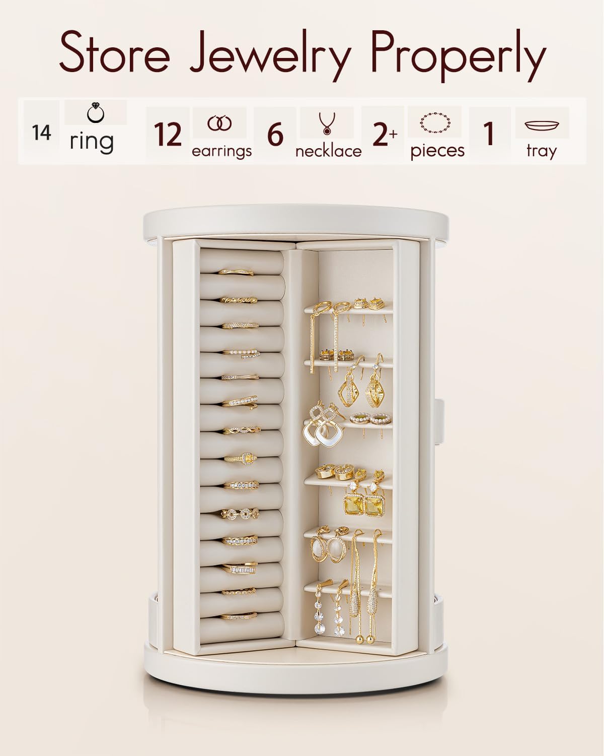 Vlando 360°Rotating Jewelry Box,Earring Organizer Large Vertical Jewelry Organizer with 6 Necklace Hooks, Open Ring Display Storage for Women - Cream White - Image 7