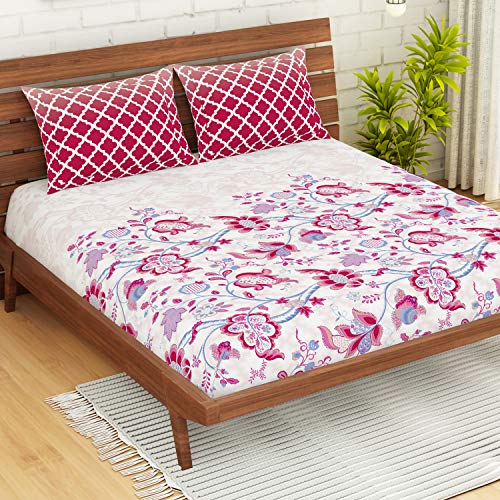 Image of Spaces Atrium 144 TC 100% Cotton King Size Fitted Double Bedsheet with 2 Pillow Covers (Floral, 72 inch X 78 inch Inches ) - Pink