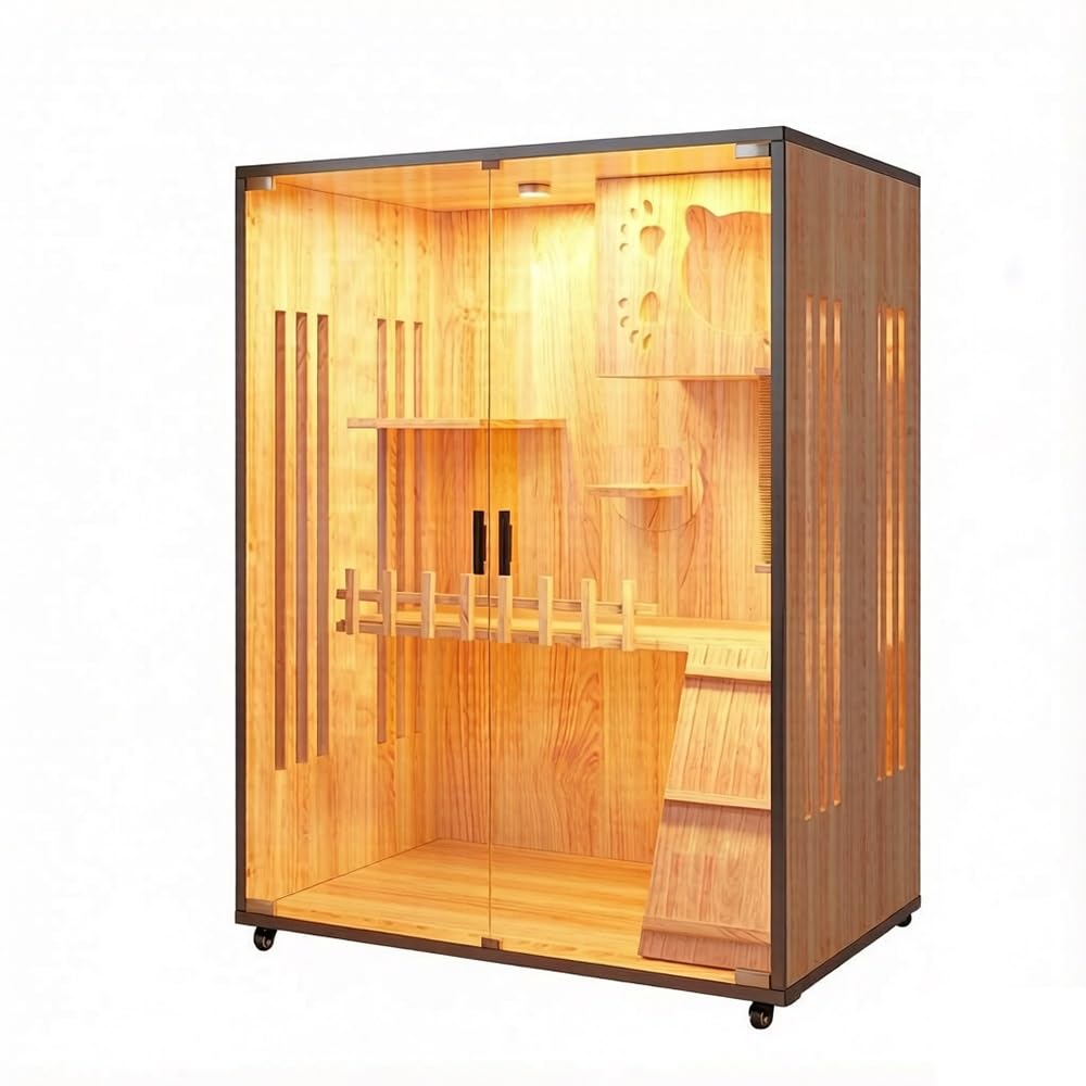 villa per gatti Recinto for gatti grande in legno con luce LED e ruote Per interni(Piccolo)