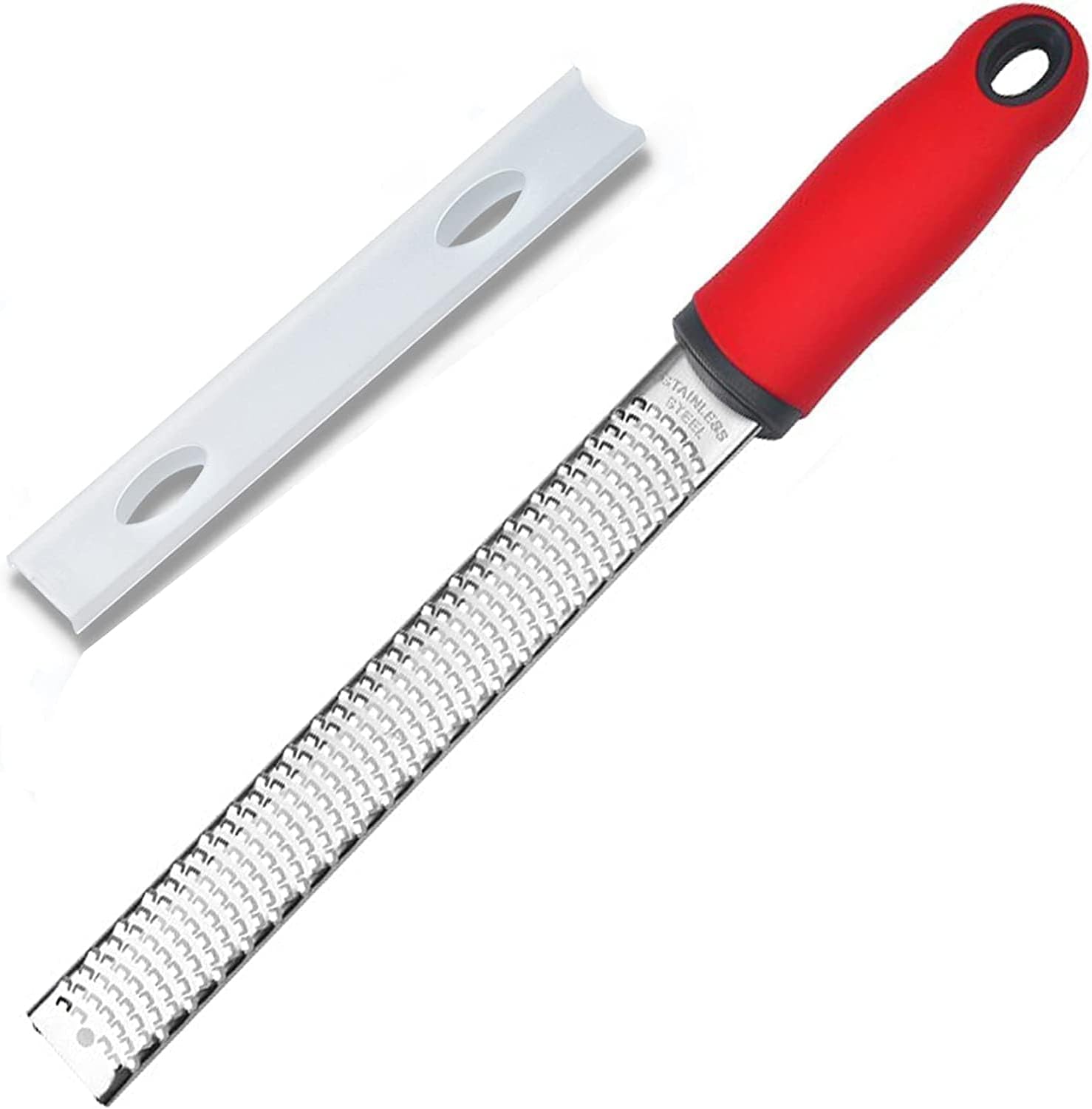 Cheese Grater RASOIWARE Stainless Steel Lemon Zester Grater with Silicone Handle for Cheese, Chocolate, Spices, Vegetables, Fruits, Chocolate, Nutmeg, Ginger with Blade Cover (Red, Long)
