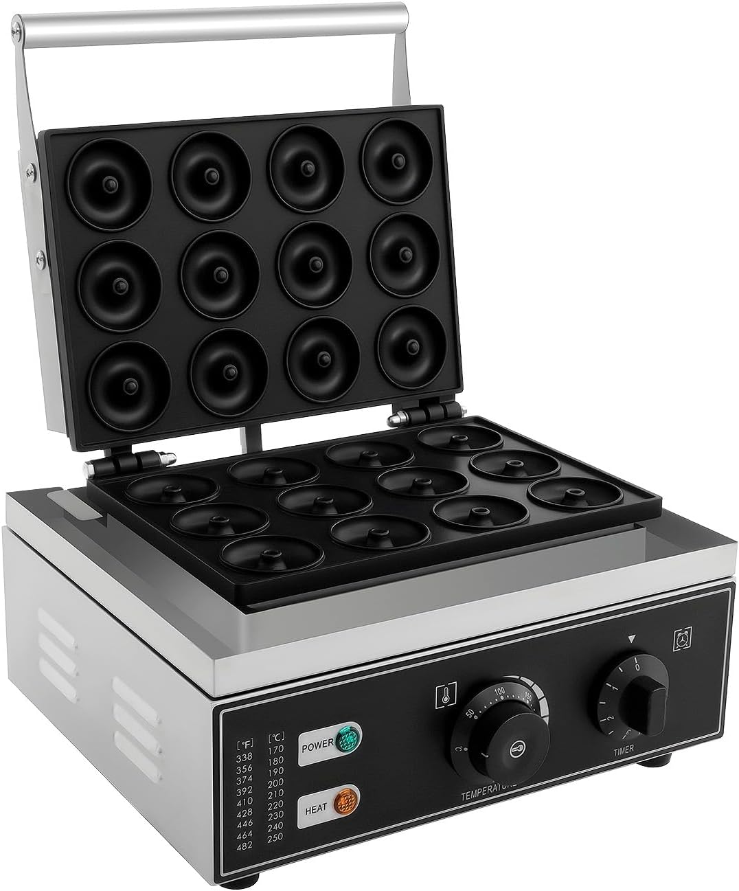 Electric Donut Maker, 110V 1550W Commercial Non-Stick Doughnut Machine 122-572℉ Double-Sided Heating Pancakes Maker Machine w/12 Holes for Parties Kitchen Cafes & Tea Stores