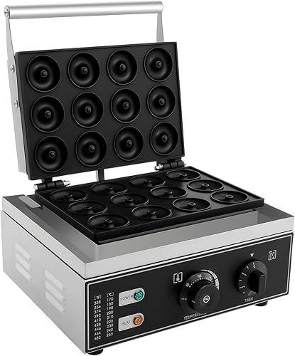 Máquina comercial de donas de gofres con 12 agujeros, 110 V, 1500 W, calefacción de doble cara a 122.0-572.0 F para donas eléctricas,