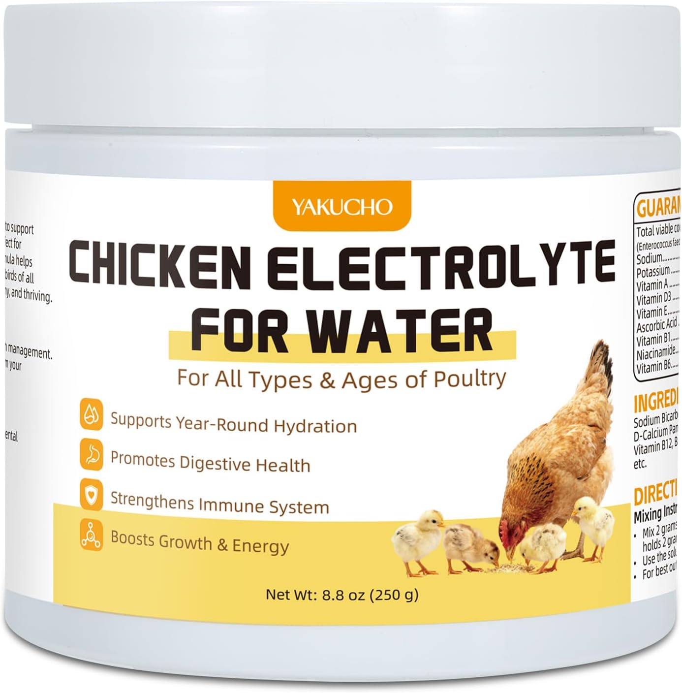 Yakucho Chicken Electrolytes for Water, Poultry Vitamins with Probiotics, Hydration, Immunity & Digestive Support, for Chicks, Adult Birds, Chickens, Ducks & Turkeys, 8.8oz Chicken Supplement Powder