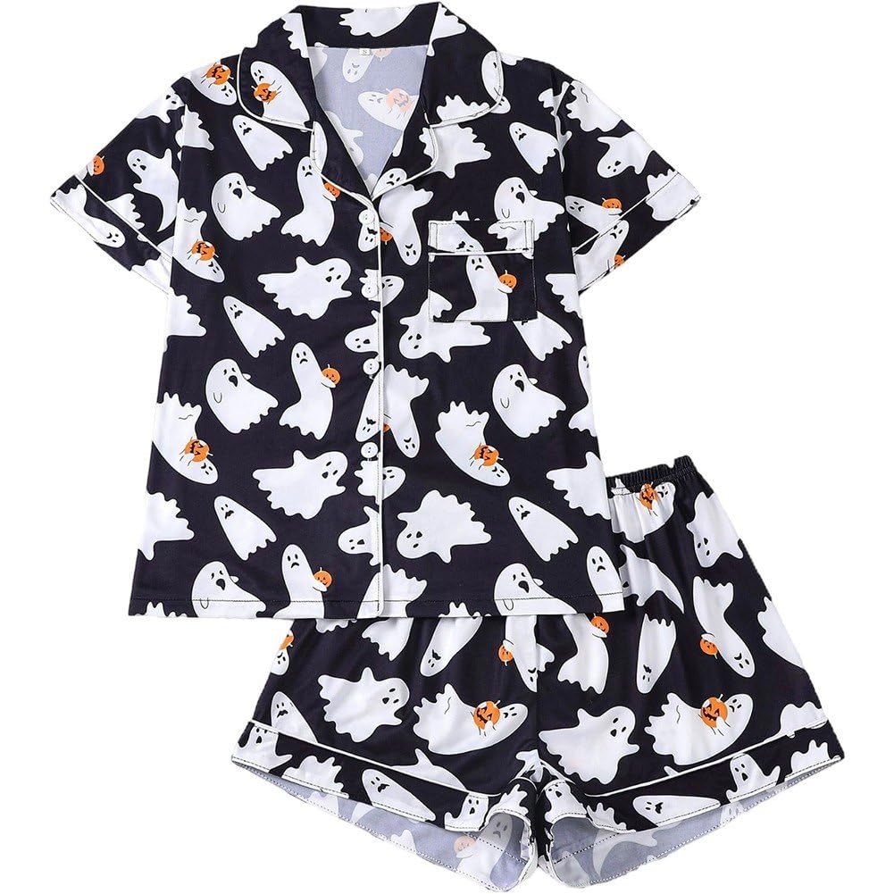 Pyjama Halloween femme : ensemble chemise manches courtes et pantalon imprimé citrouille cocooning