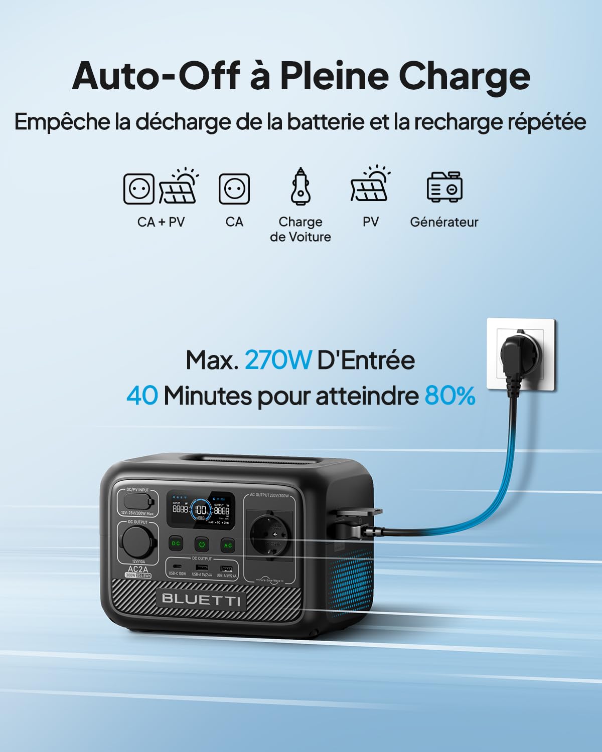 BLUETTI Station Électrique Portable AC2A, 204Wh Batterie LiFePO4 avec 1 Sortie CA 300W (600W Pic), Recharge 0-80% en 30 Min, Le Produit n'a Pas été Utilisé (Reconditionné - Excellent)
