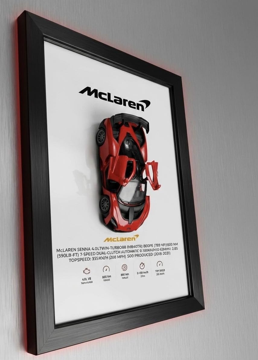 McLaren Senna 3D Framed Wall Art, Red Die-Cast Model Car Display, Black Frame, Supercar Specs Poster-image-21