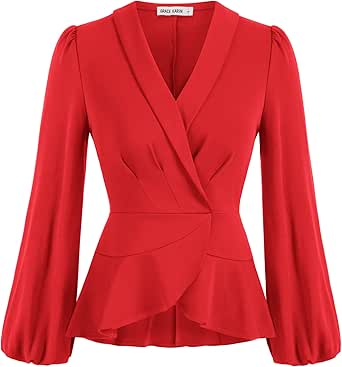 GRACE KARIN Women's Peplum Tops Elegant Wrap V Neck Long Lantern Sleeve Work Blouse Office Top