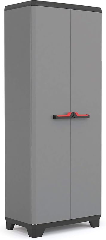 Keter Armoire Utilitaire STILO - Armoire de Rangement en Résine Multifonctions - Étagères et Pieds Ajustables, Poignée Soft Touch - Cuisine, Garage, Atelier - 68 x 39 x 173 cm - Gris/Noir/Rouge